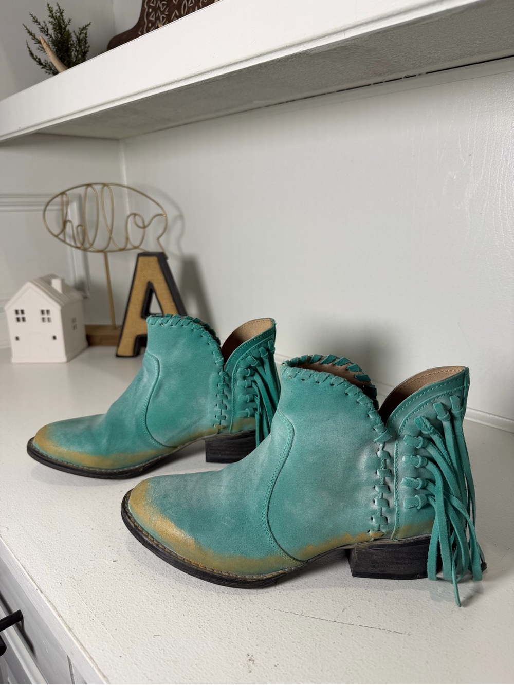 Circle G Womens 8 Turquoise Fringe Leather Western Ankle Boots Boho Cowgirl